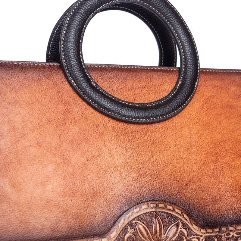 Rossie Viren women's crossbody tote bag with leather circular handle, small handbag with stylish design and compact size.