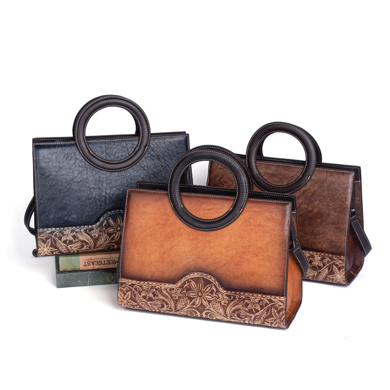 Rossie Viren women's small crossbody tote bag with leather circular handle, stylish and compact handbag for everyday use.