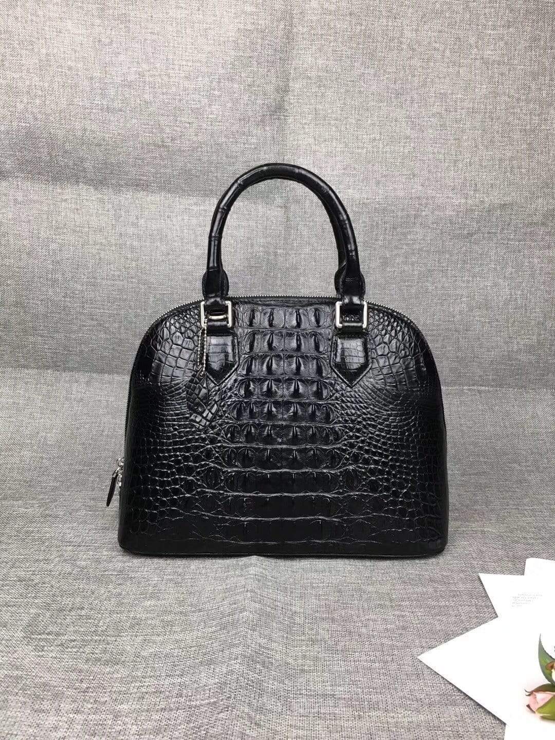 Women’s genuine crocodile leather tote bag with double handles and trapezoid shape, large size, by Rossie Viren.