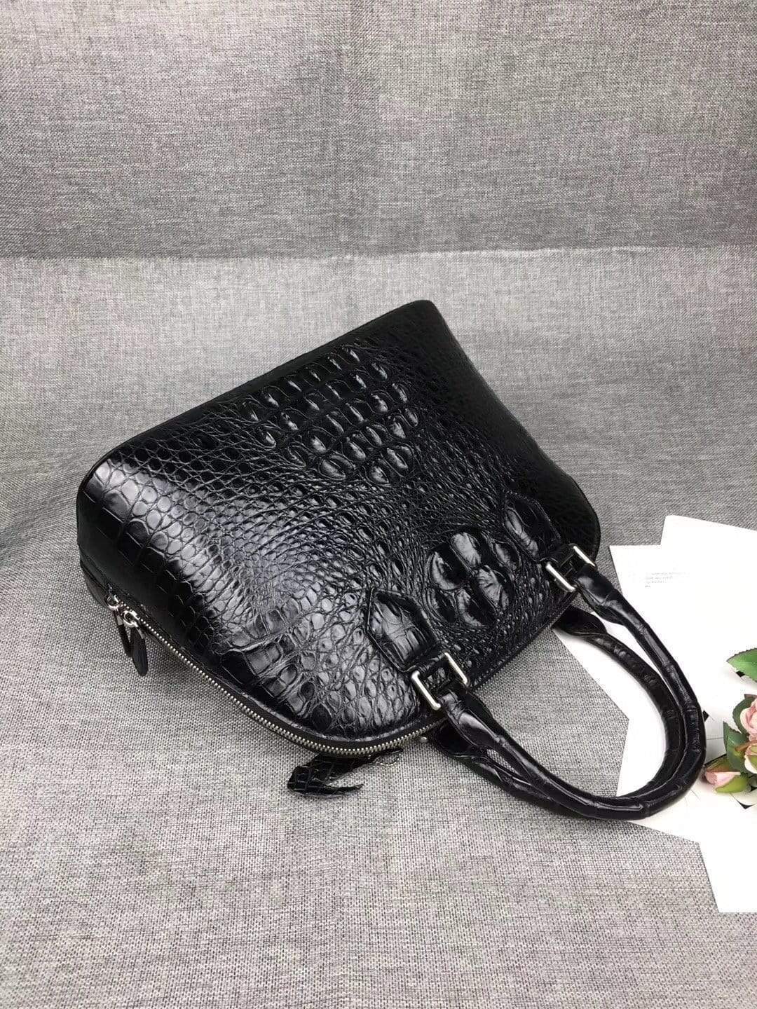 Women’s genuine crocodile leather tote bag with double handles and trapezoid shape, large size, by Rossie Viren.