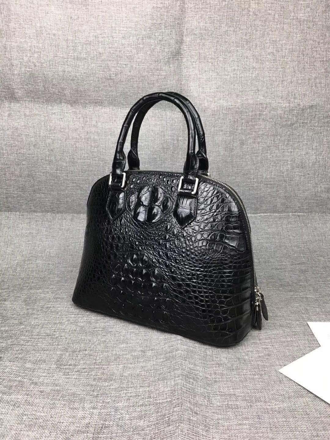 Women’s genuine crocodile leather tote bag with double handles and trapezoid shape, large Rossie Viren handbag for stylish carrying.