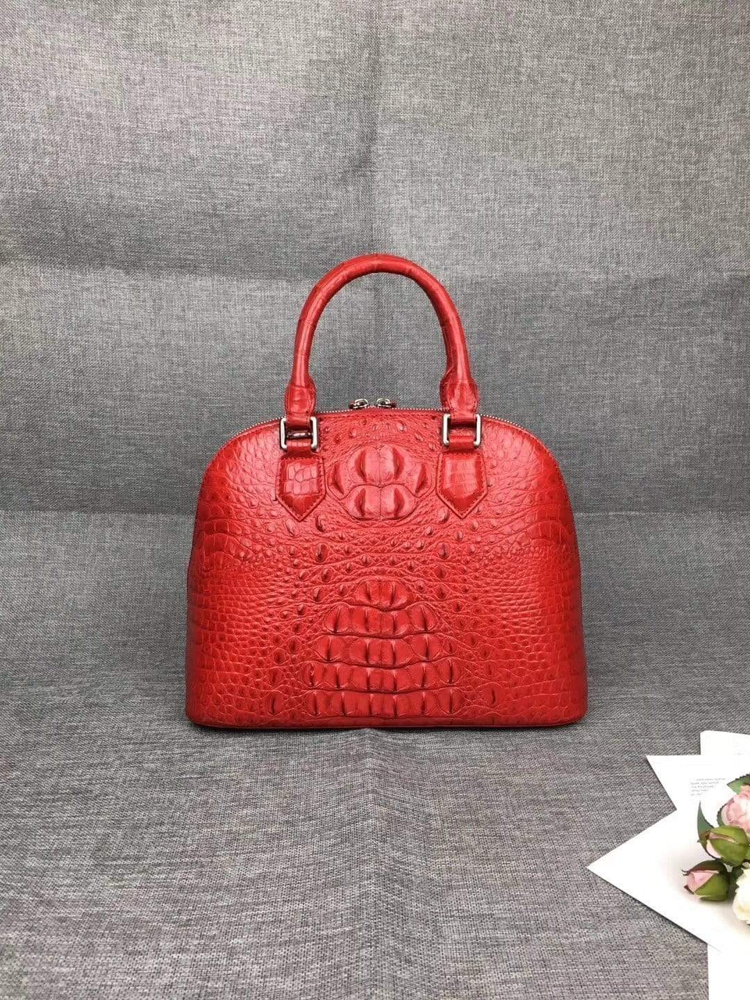 Women’s genuine crocodile leather tote bag with double handles and trapezoid shape, large size, by Rossie Viren.