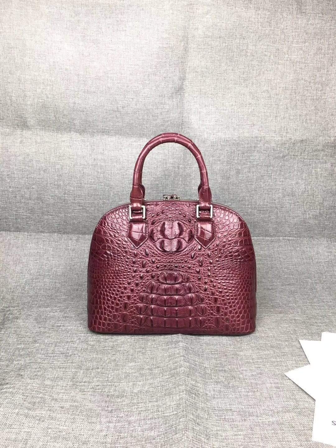 Women’s genuine crocodile leather tote bag with double handles, trapezoid shape, large size, by Rossie Viren.