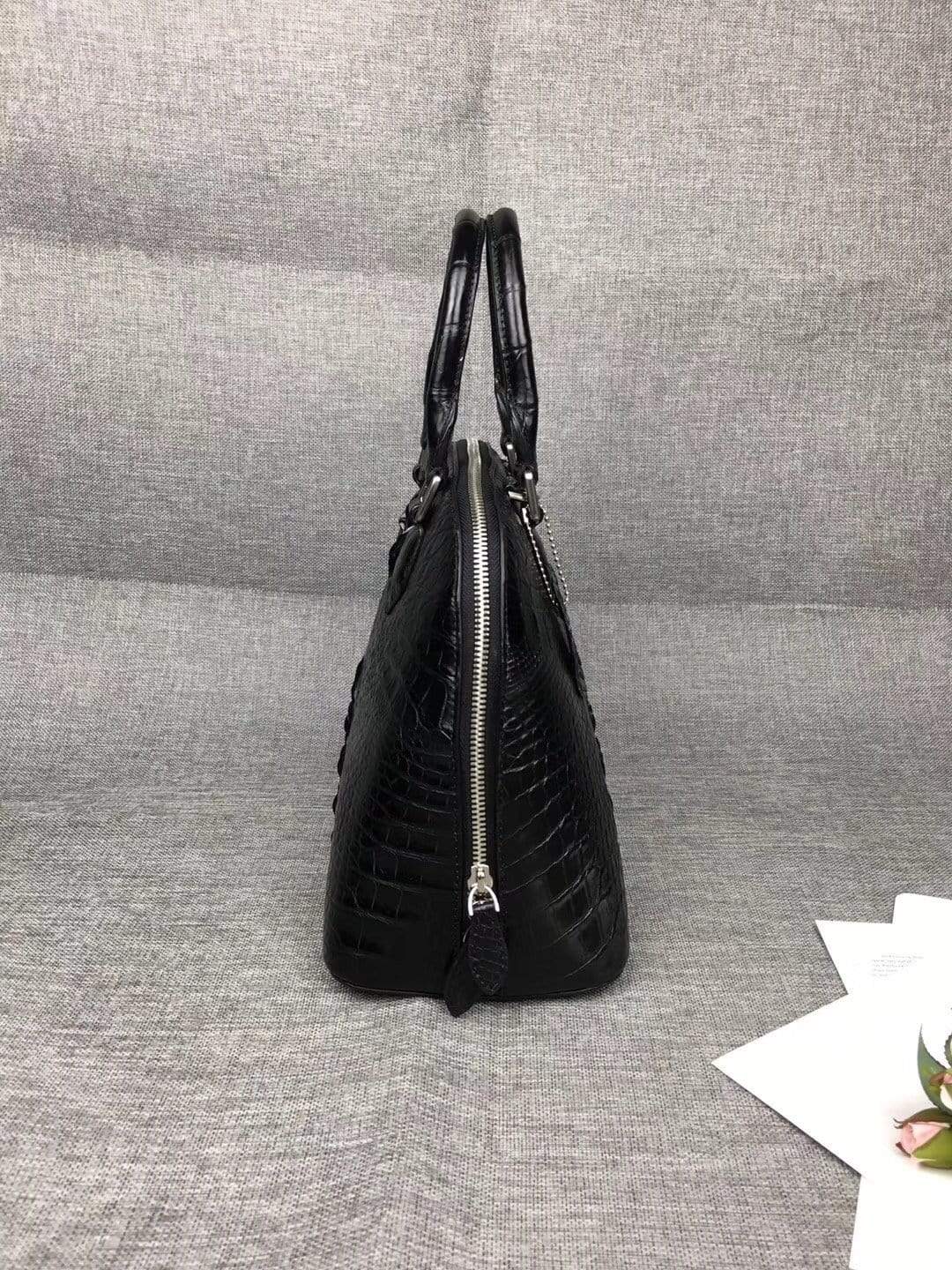 Women’s genuine crocodile leather tote bag with double handles and trapezoid shape, large Rossie Viren handbag for stylish storage.