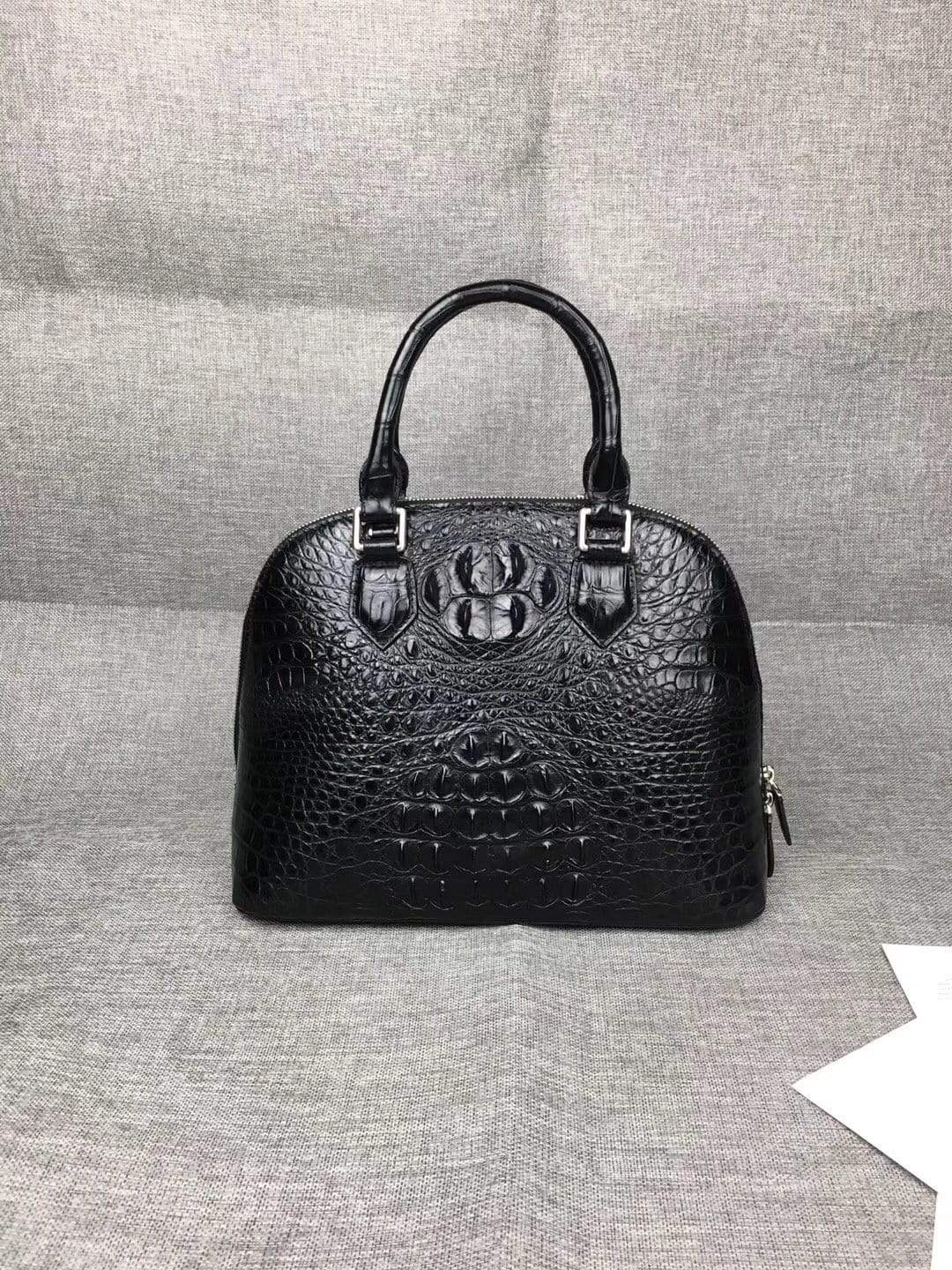 Women’s genuine crocodile leather tote bag with double handles and trapezoid shape, large size, by Rossie Viren.
