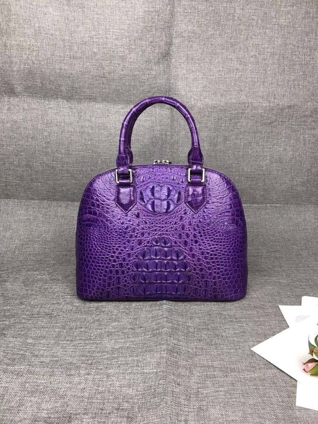 Women’s genuine crocodile leather tote bag with double handles, large trapezoid shape, by Rossie Viren.