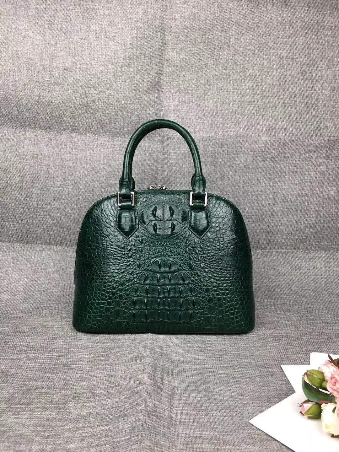 Women’s genuine crocodile leather tote bag with double handles, trapezoid shape, large size, by Rossie Viren.
