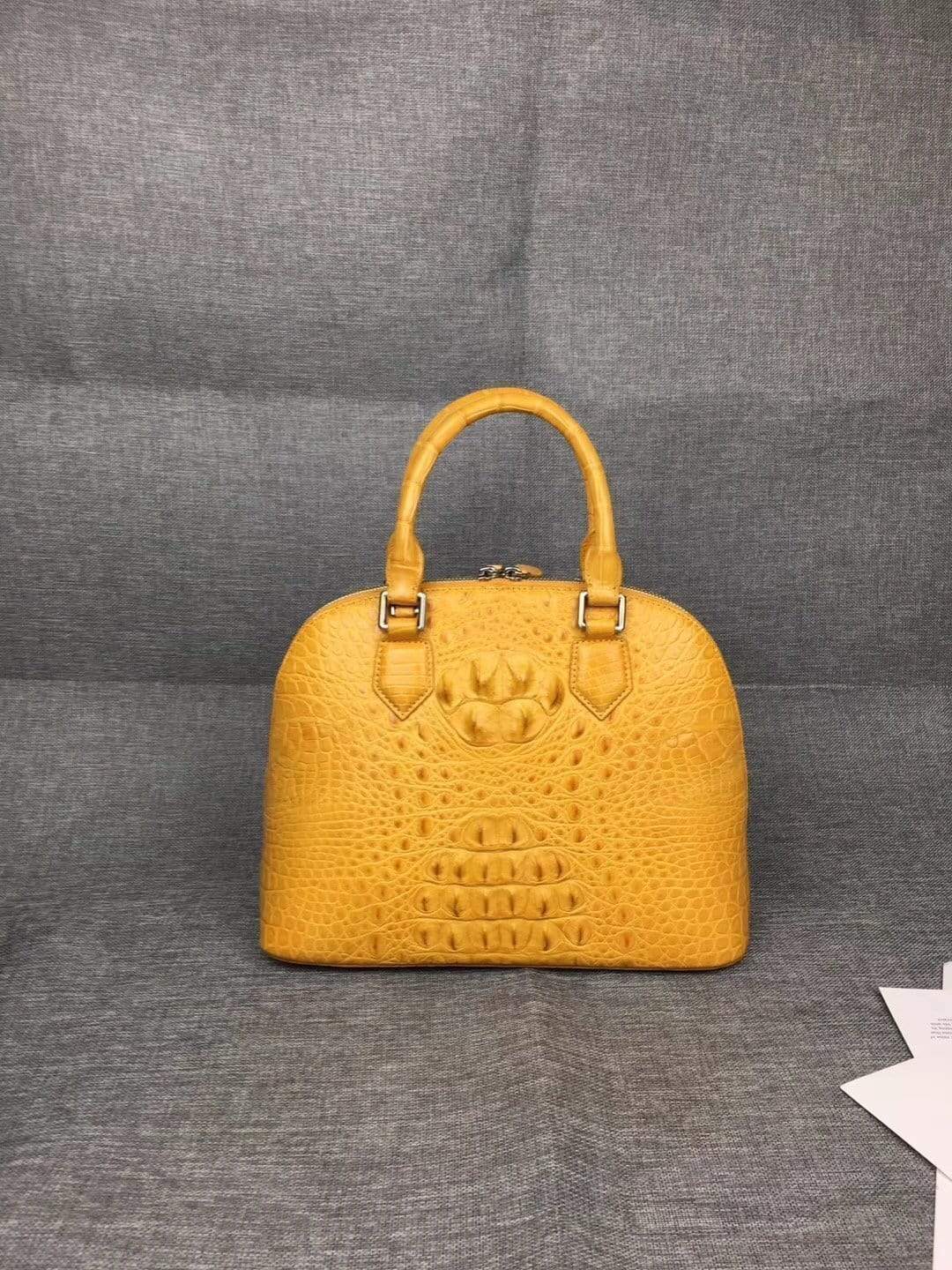 Women’s genuine crocodile leather tote bag with double handles, trapezoid shape, large size, by Rossie Viren.