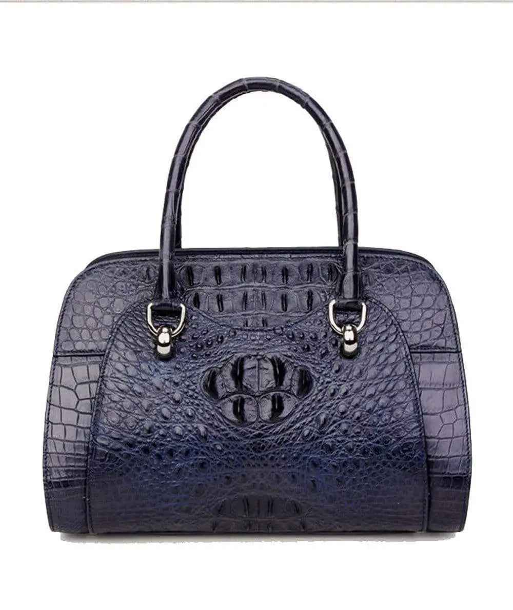 Women's crocodile leather dome satchel handbag by Rossie Viren, featuring a structured design and elegant top handle.