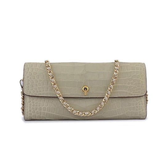 Women's Crocodile Leather  Pouches Chain Pouchette Clutch Bags Cream