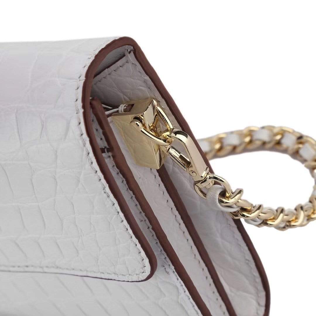 Women's Crocodile Leather  Pouches Chain Pouchette Clutch Bags White