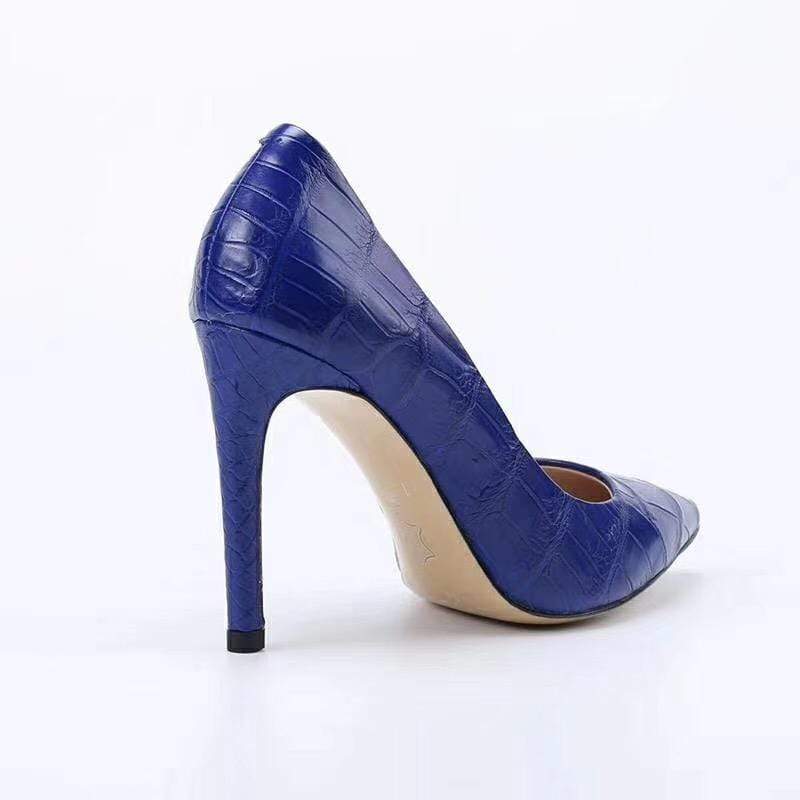 Crocodile Shoes Women's Genuine Crocodile Belly  Leather Blue Point Toe Court High Heels