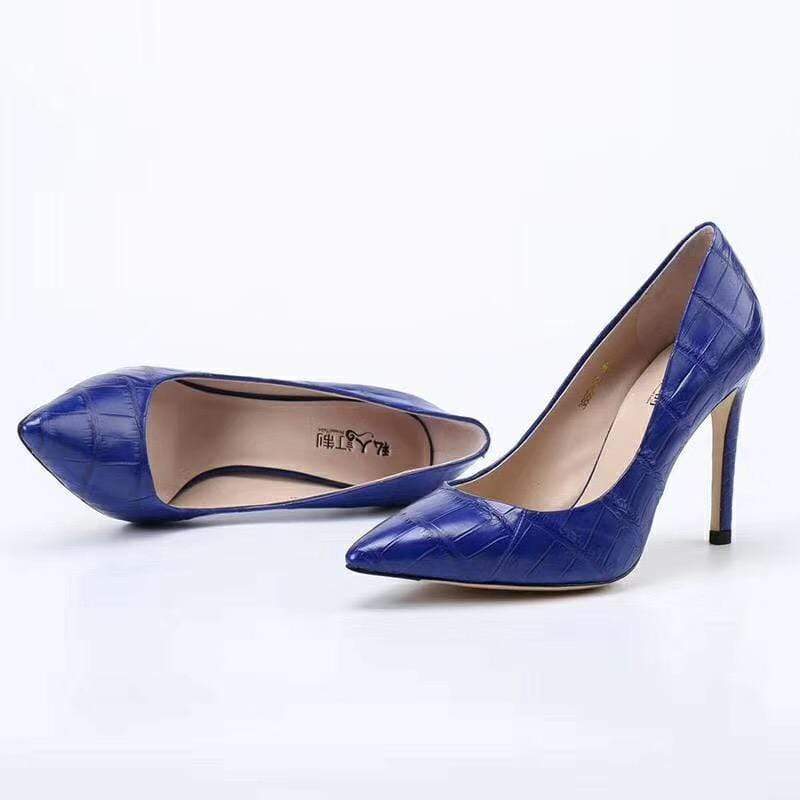 Crocodile Shoes Women's Genuine Crocodile Belly  Leather Blue Point Toe Court High Heels