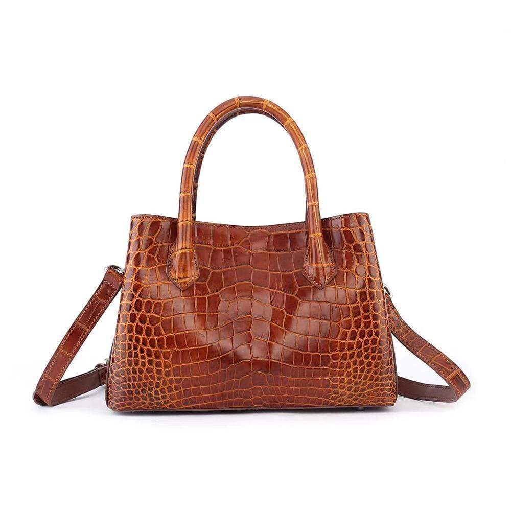 Brown women's mini top handle tote bag by Rossie Viren, featuring a sleek handbag design with a compact top handle.