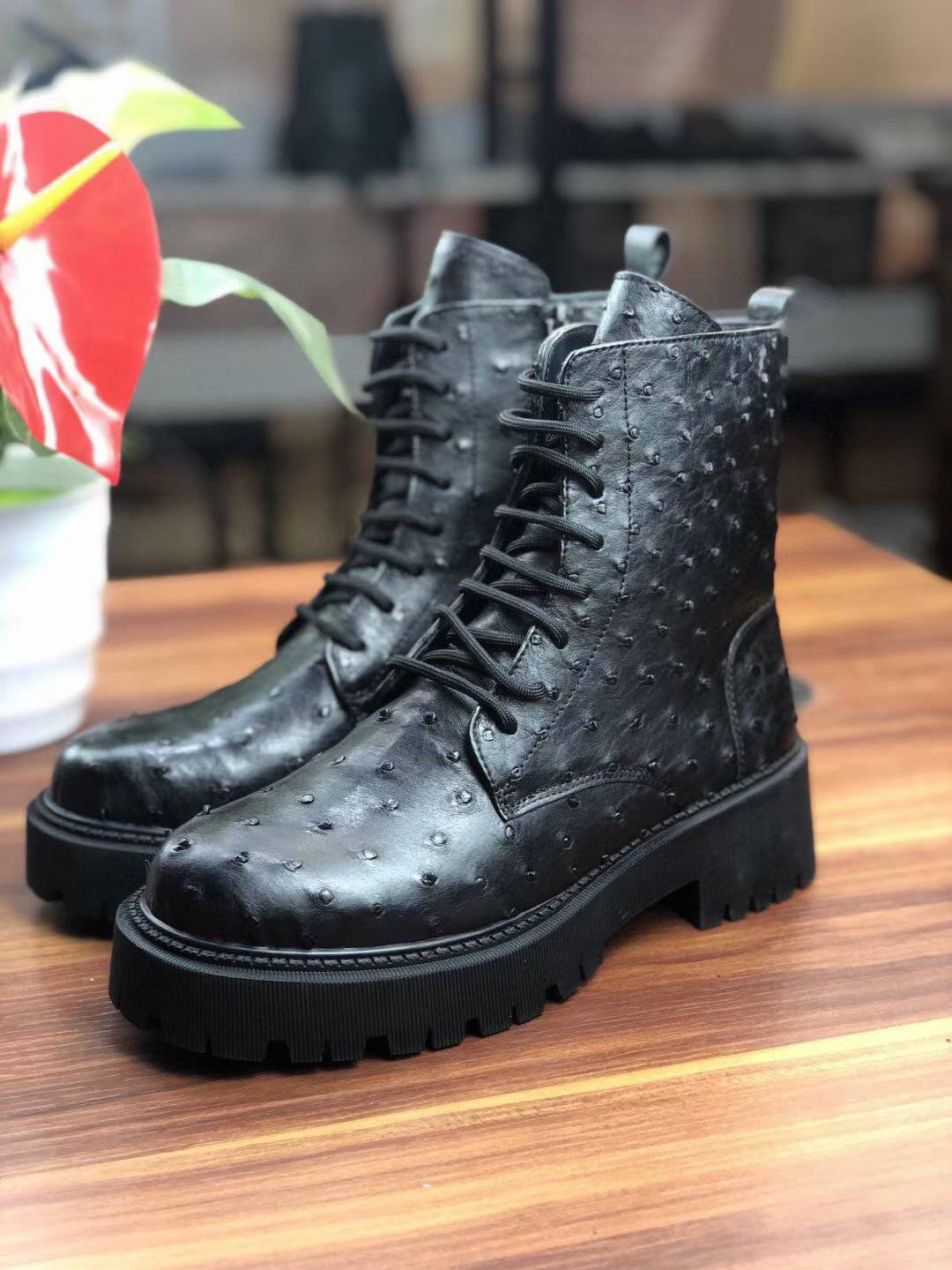 Crocodile Shoes Women's Ostrich Leather Parker Combat Boots Black