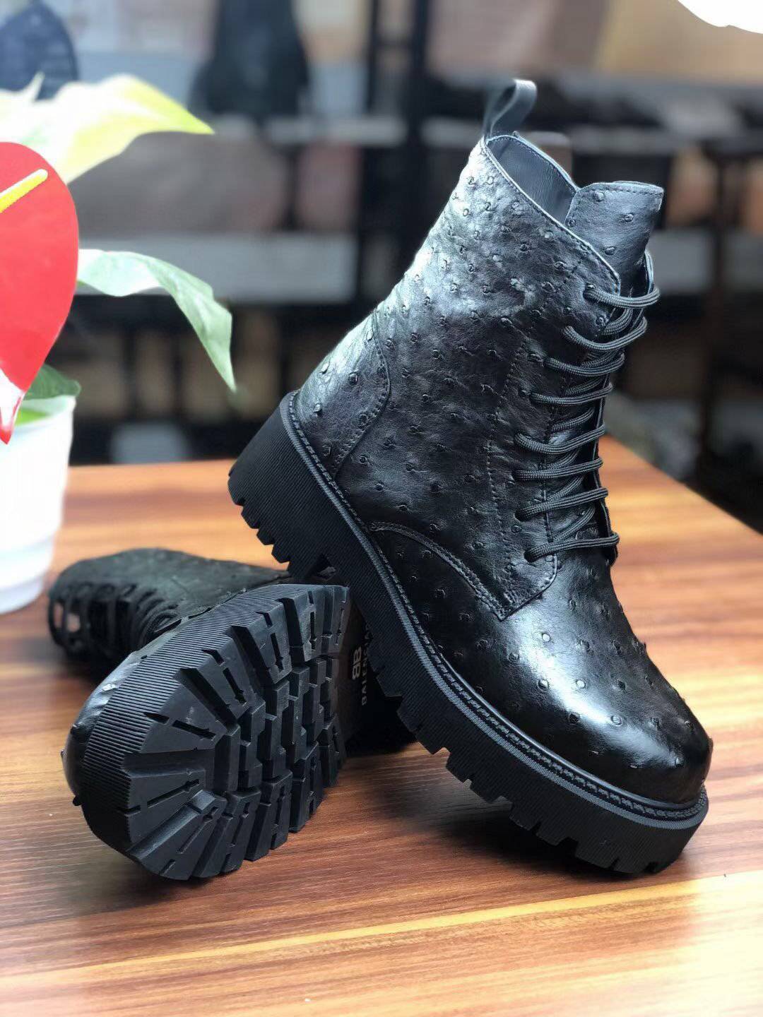 Crocodile Shoes Women's Ostrich Leather Parker Combat Boots Black