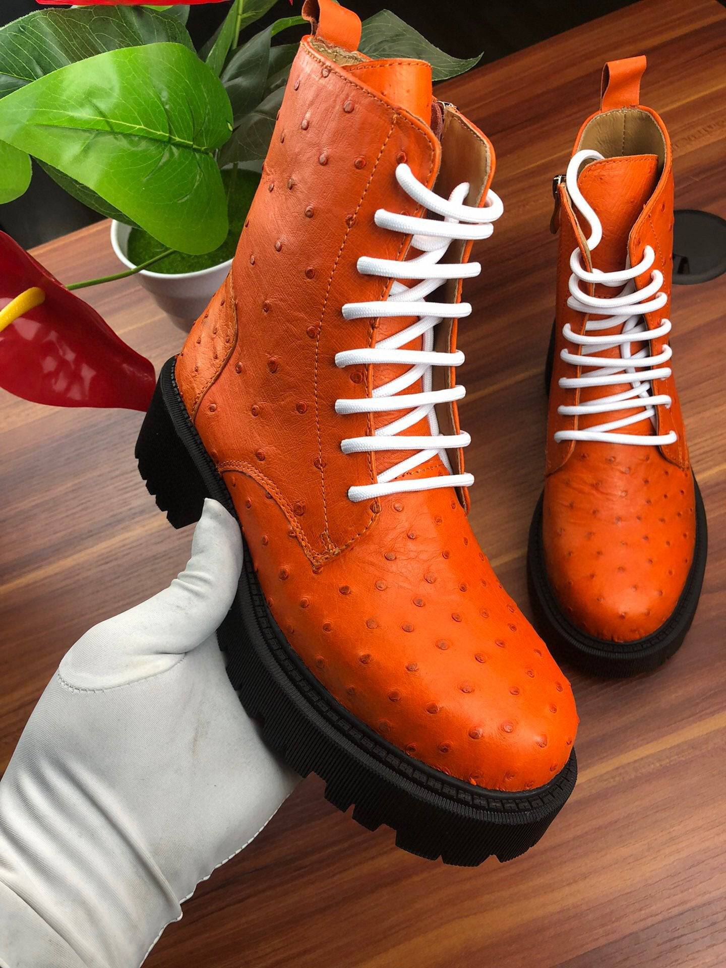 Crocodile Shoes Women's Ostrich Leather Parker Combat Boots Orange