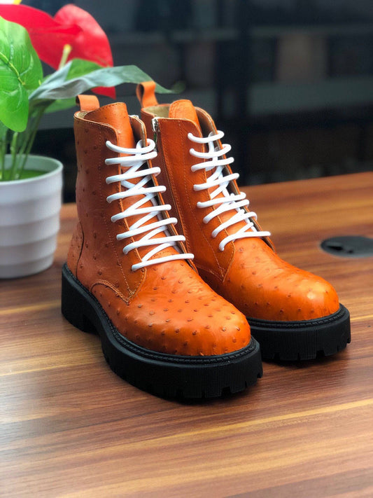 Crocodile Shoes Women's Ostrich Leather Parker Combat Boots Orange