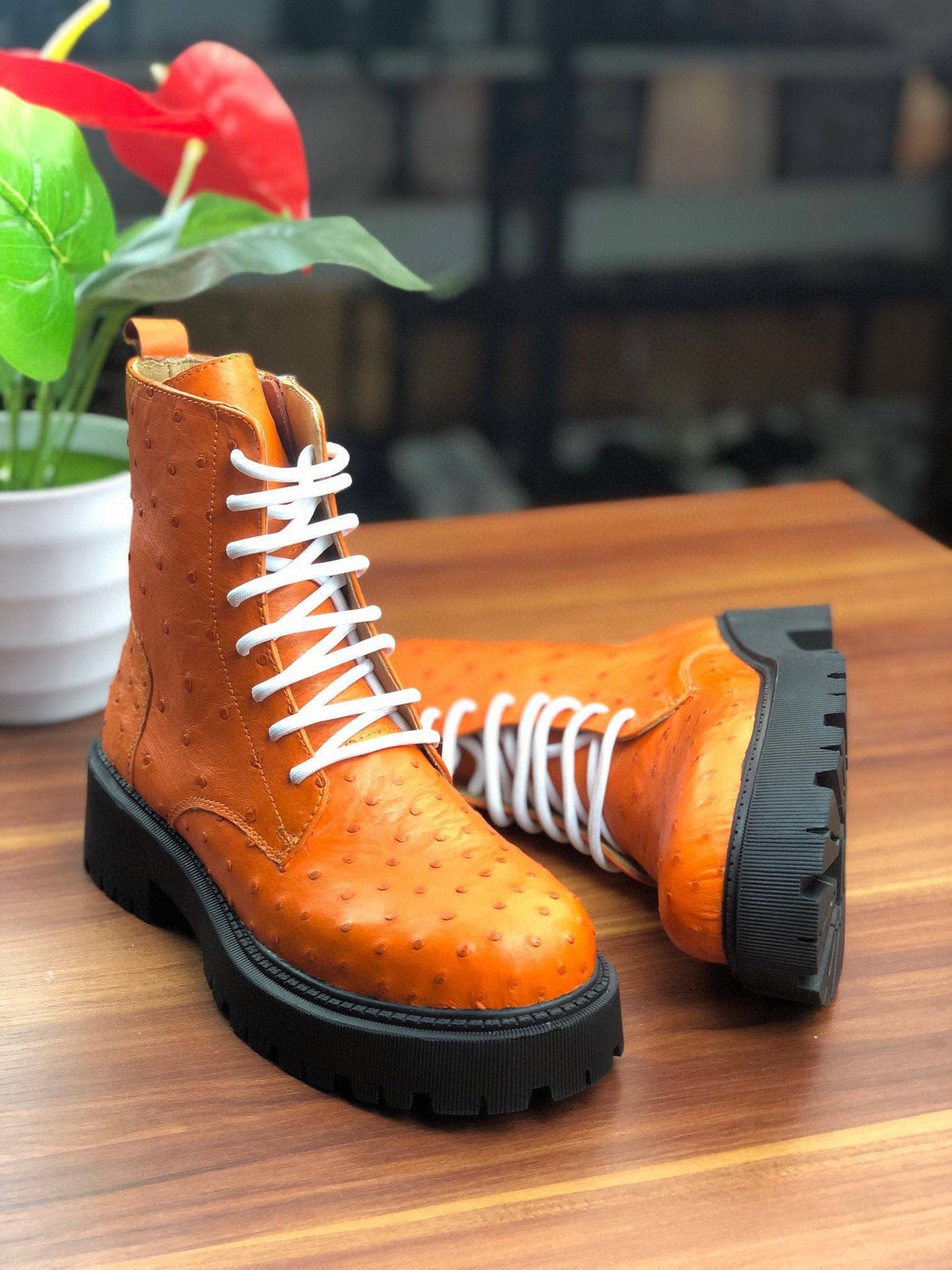 Crocodile Shoes Women's Ostrich Leather Parker Combat Boots Orange