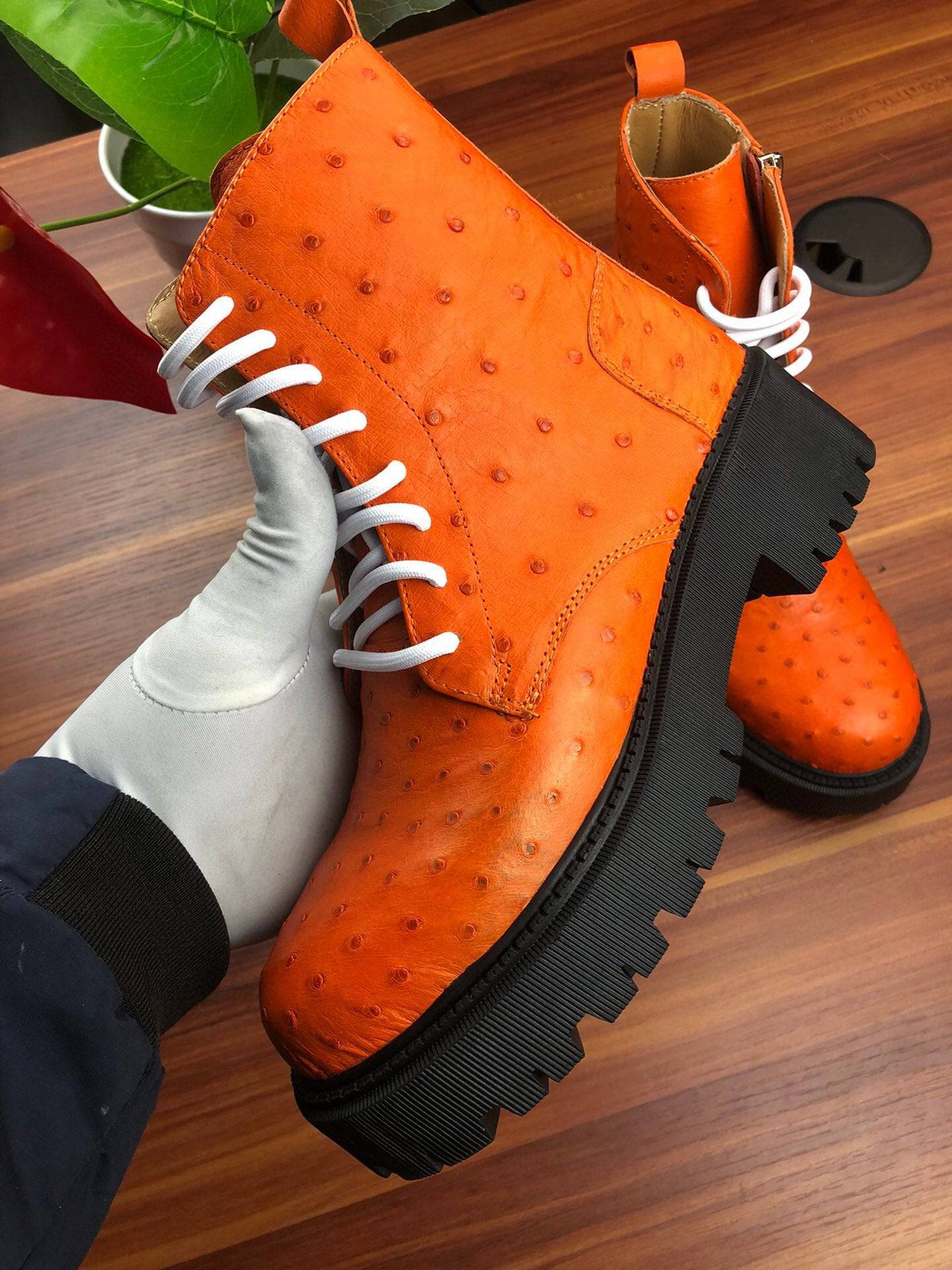 Crocodile Shoes Women's Ostrich Leather Parker Combat Boots Orange