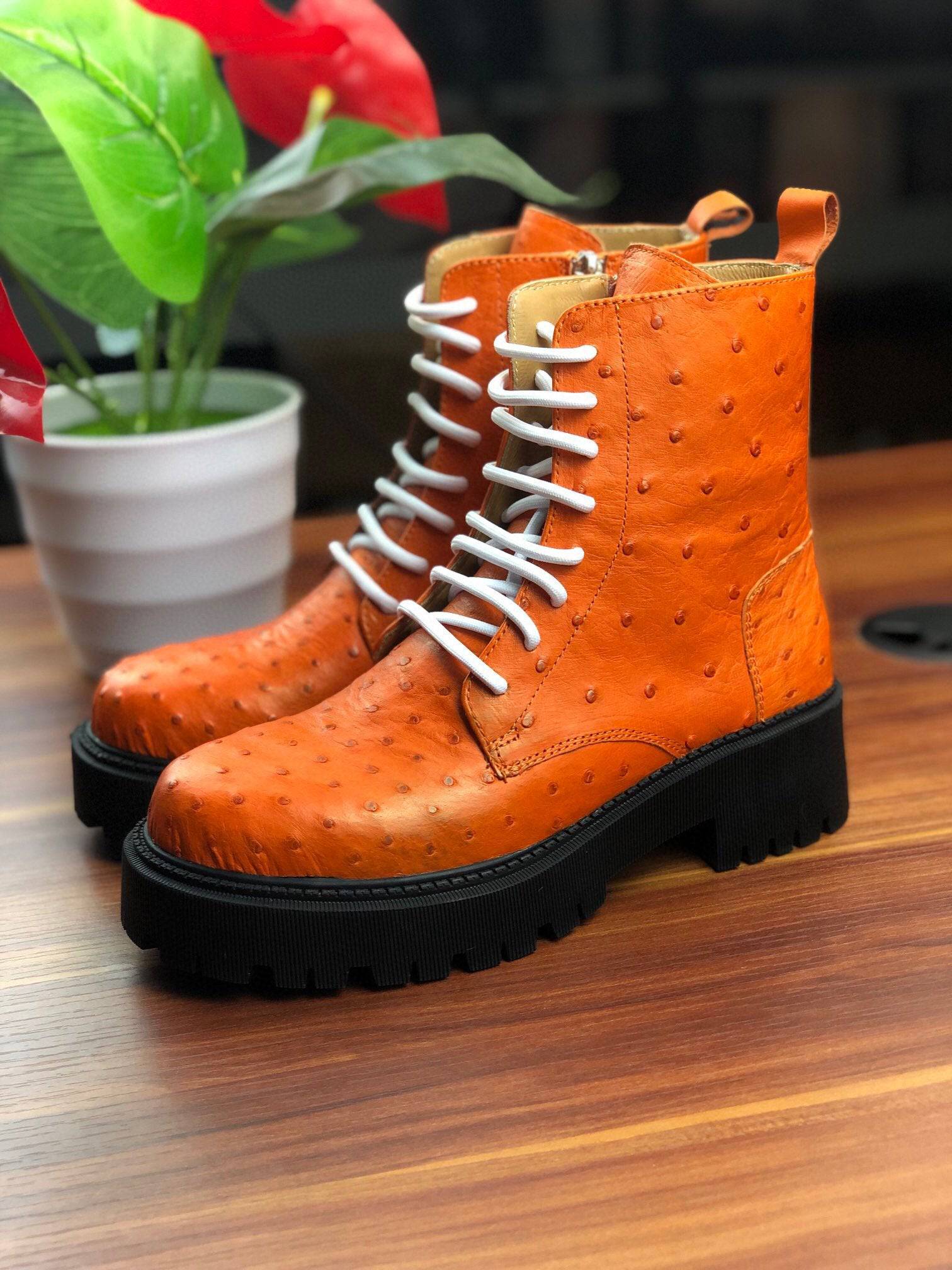 Crocodile Shoes Women's Ostrich Leather Parker Combat Boots Orange