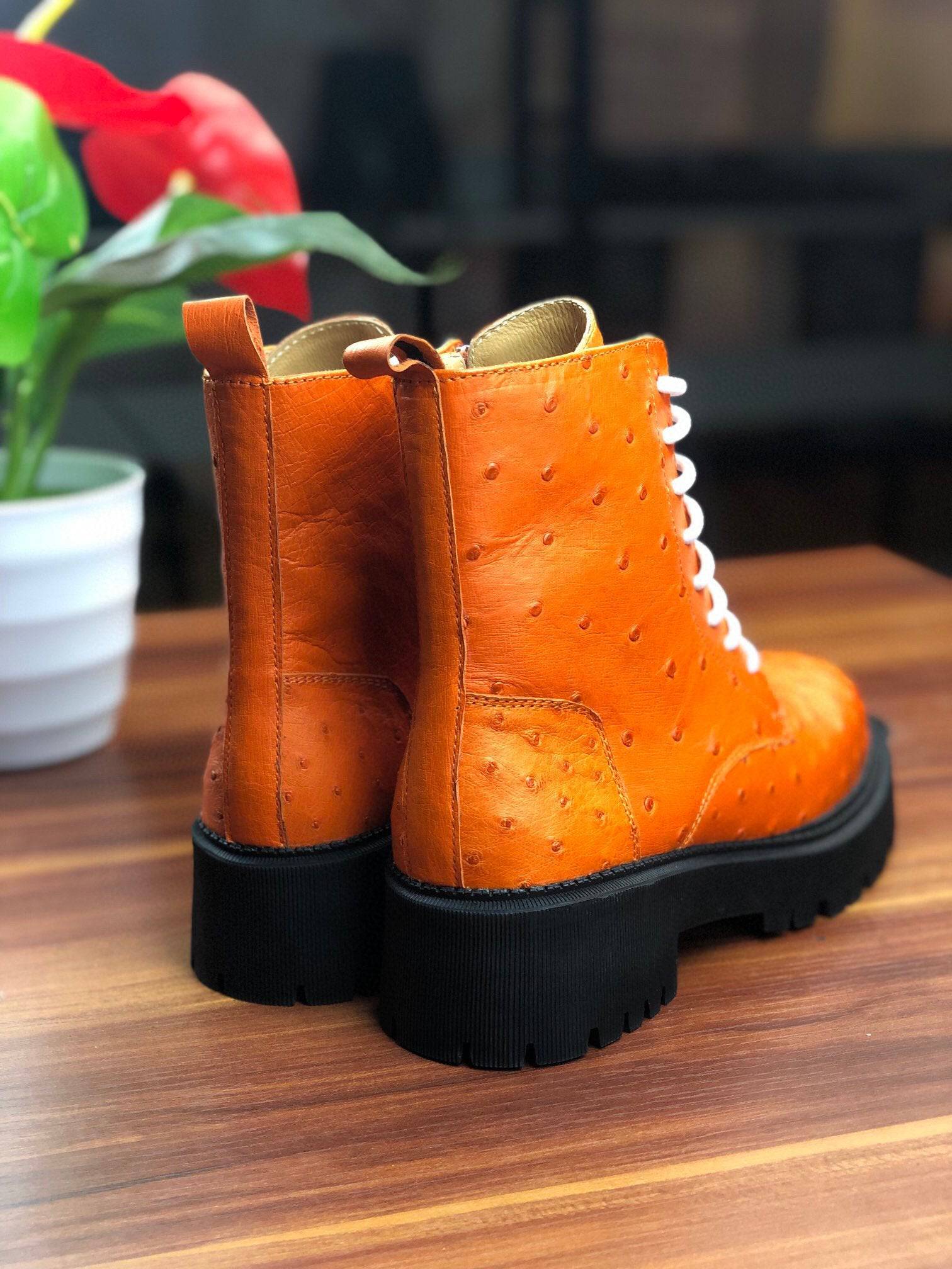 Crocodile Shoes Women's Ostrich Leather Parker Combat Boots Orange