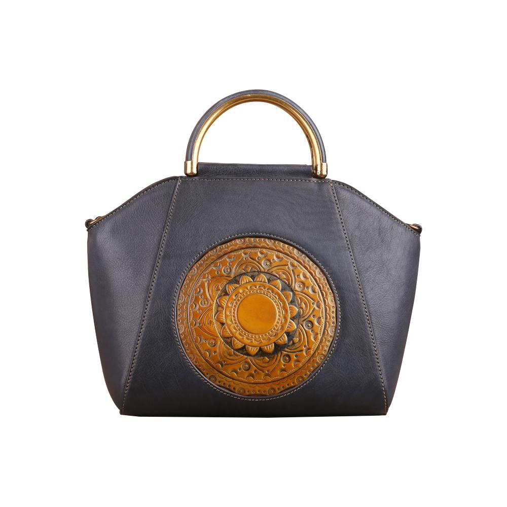 Rossie Viren women's vintage leather handbag with shoulder strap, tote, satchel, and crossbody style showcasing classic design.