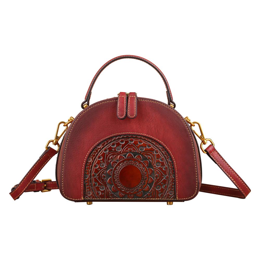 Rossie Viren women's vintage mini half-moon crossbody bag with studded details and top handle, stylish shoulder bag for women.