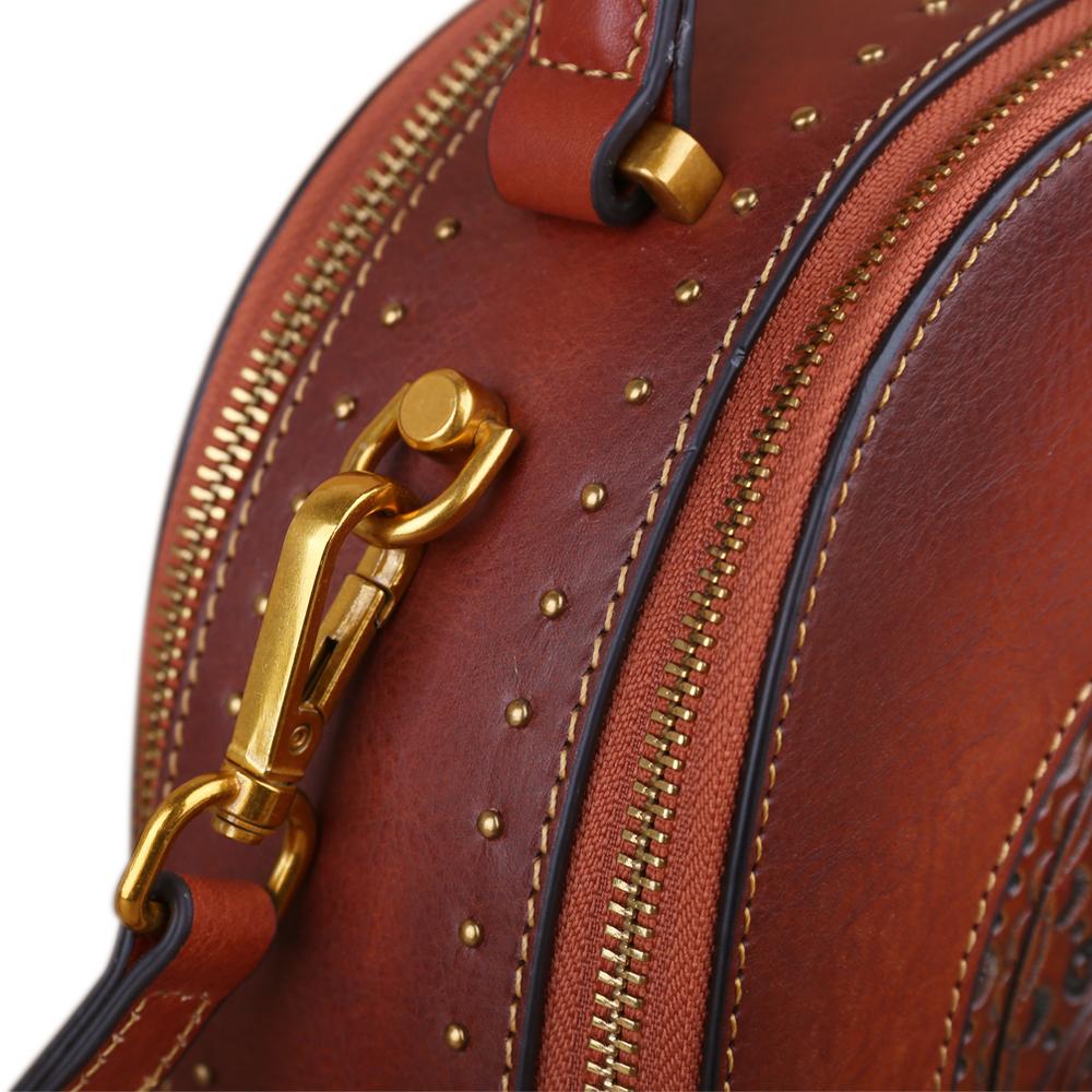 Rossie Viren women's vintage studded mini half-moon crossbody bag with top handle and shoulder strap, in classic design.