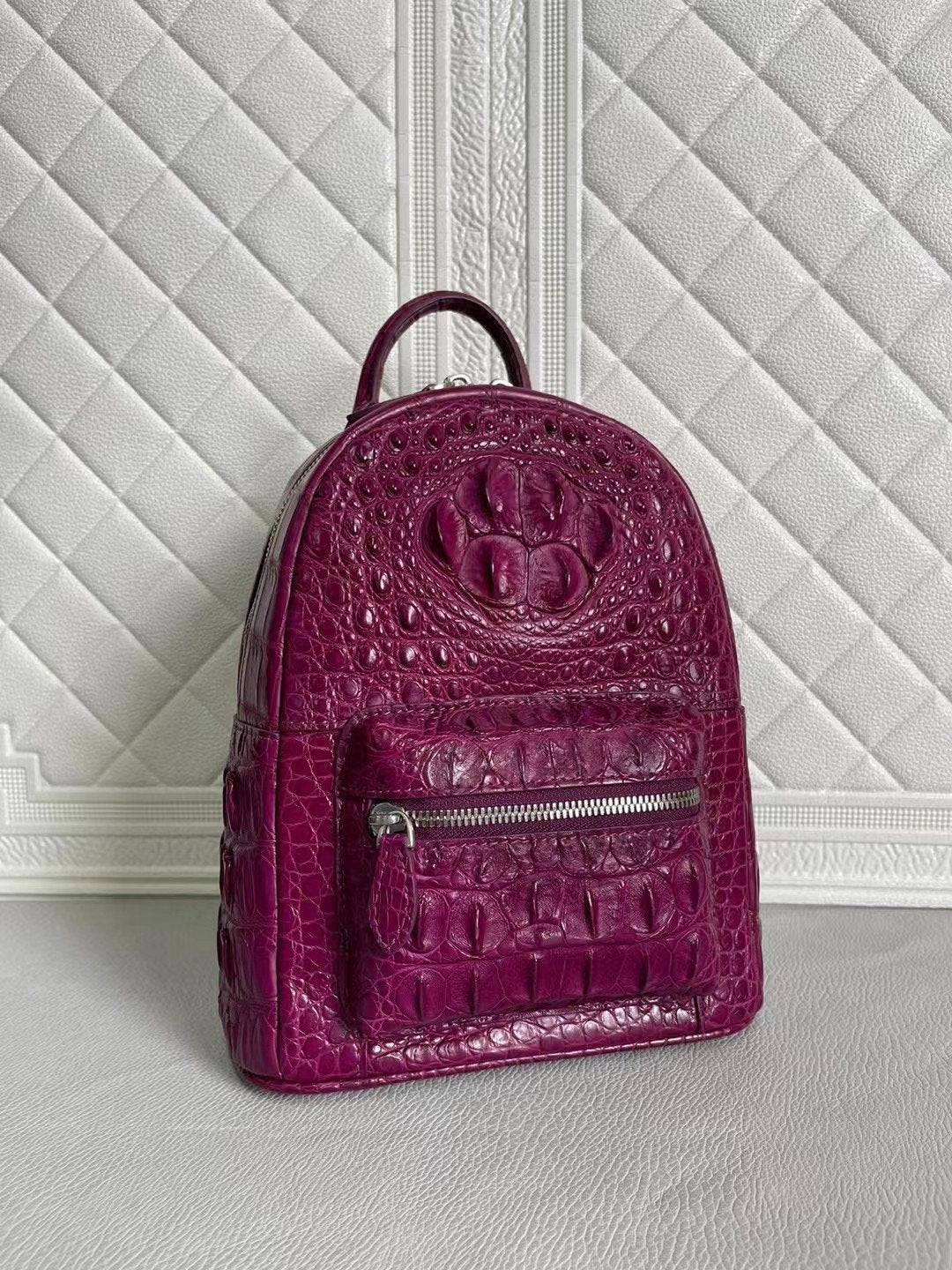 Orange and wine red crocodile leather handbag by Rossie Viren, featuring a stylish women's backpack with textured crocodile pattern.