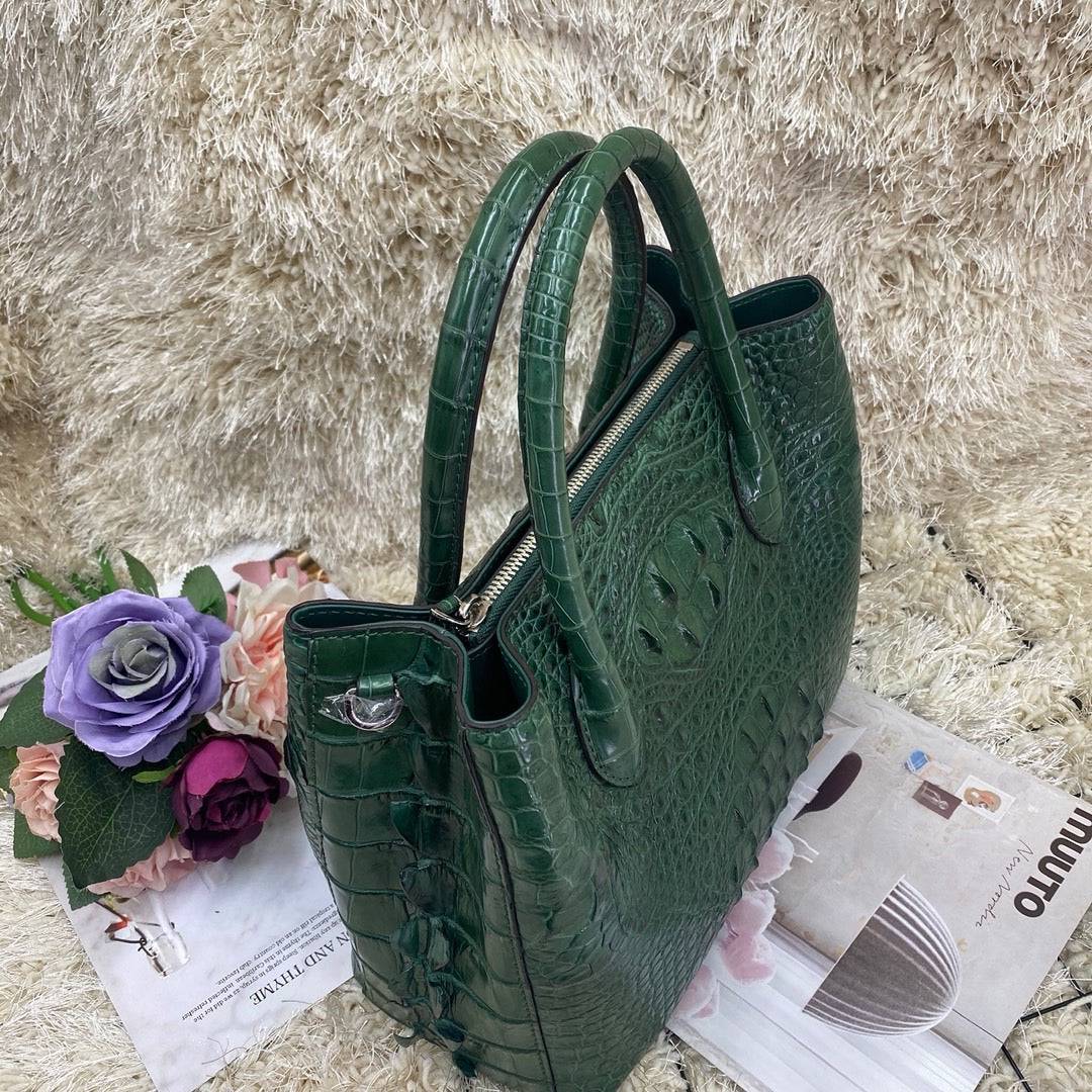Dark green crocodile skin leather women's satchel bag, 30cm handbag by Rossie Viren with elegant crocodile texture.
