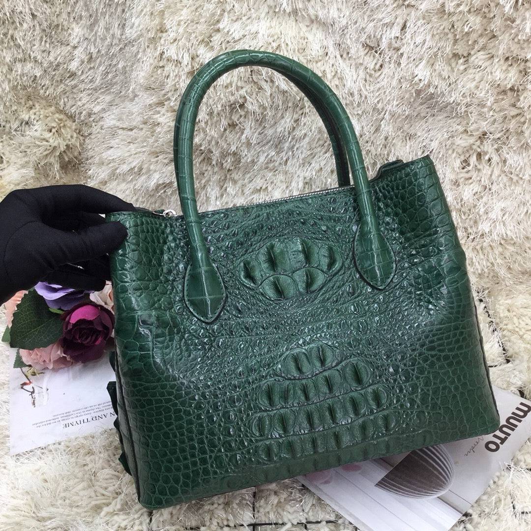 Dark green women's crocodile skin leather satchel bag by Rossie Viren, 30cm handbag with textured crocodile pattern.