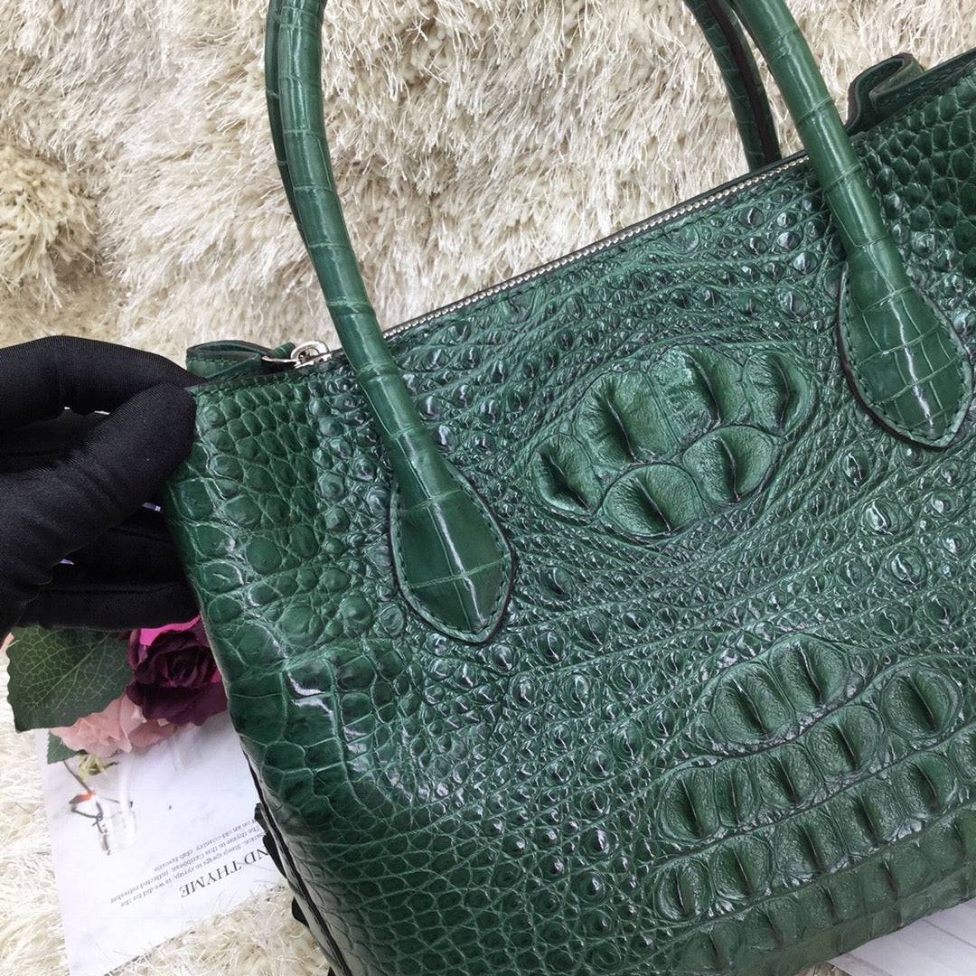 Dark green women's crocodile skin leather satchel bag by Rossie Viren, 30cm handbag with textured crocodile pattern.