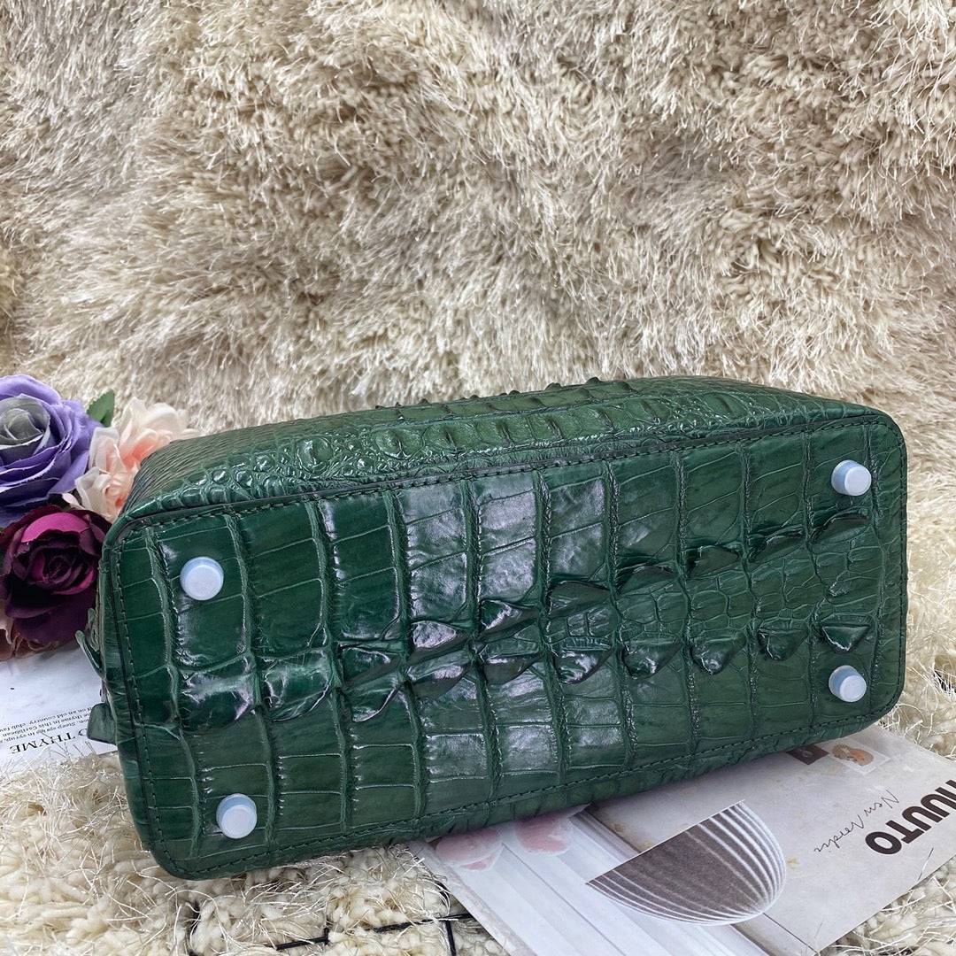 Dark green women's crocodile skin leather satchel bag by Rossie Viren, 30cm handbag with textured crocodile pattern.