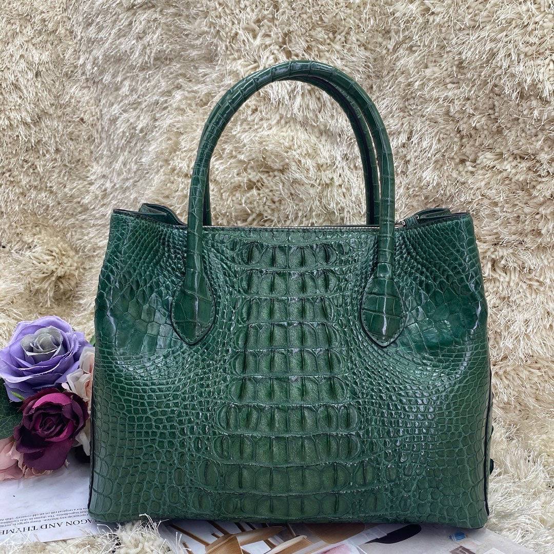 Dark green women's crocodile skin leather satchel bag by Rossie Viren, 30cm handbag with textured crocodile pattern.