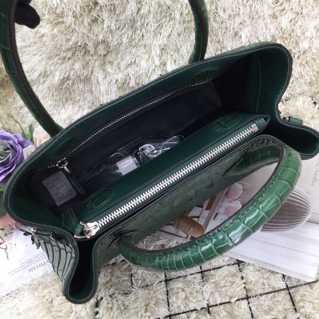 Dark green women's crocodile skin leather satchel bag by Rossie Viren, 30cm handbag with textured crocodile pattern.