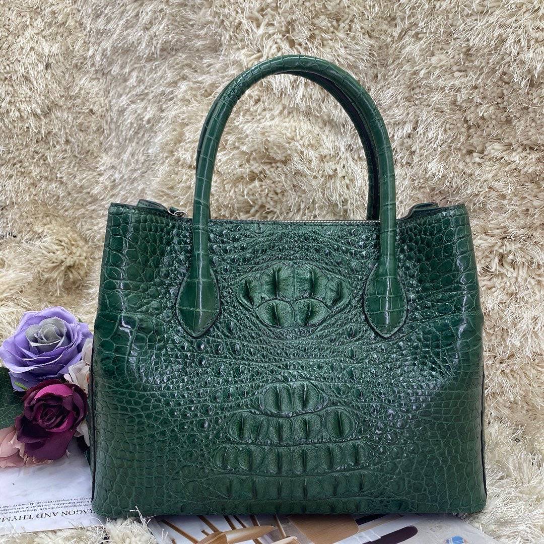 Dark green crocodile skin leather satchel bag for women by Rossie Viren, 30cm handbag with textured crocodile pattern.