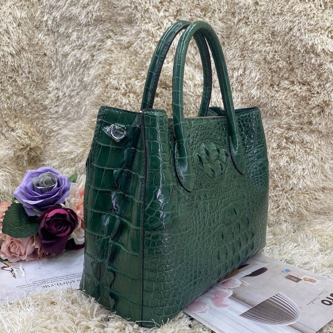 Dark green women's crocodile skin leather satchel bag by Rossie Viren, 30cm handbag with textured crocodile pattern.