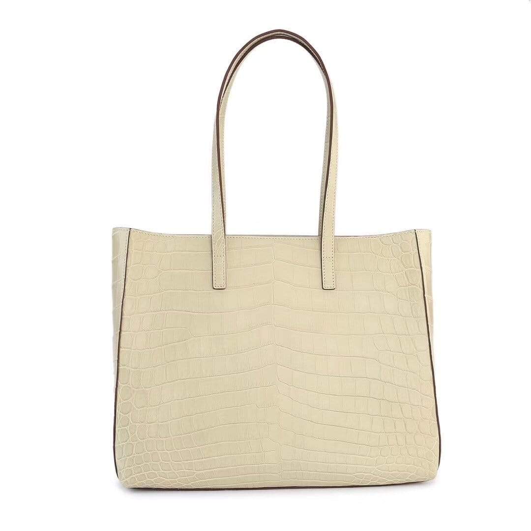 Cream women's genuine leather tote bag by Rossie Viren, featuring a slouchy shopper style with shoulder strap.