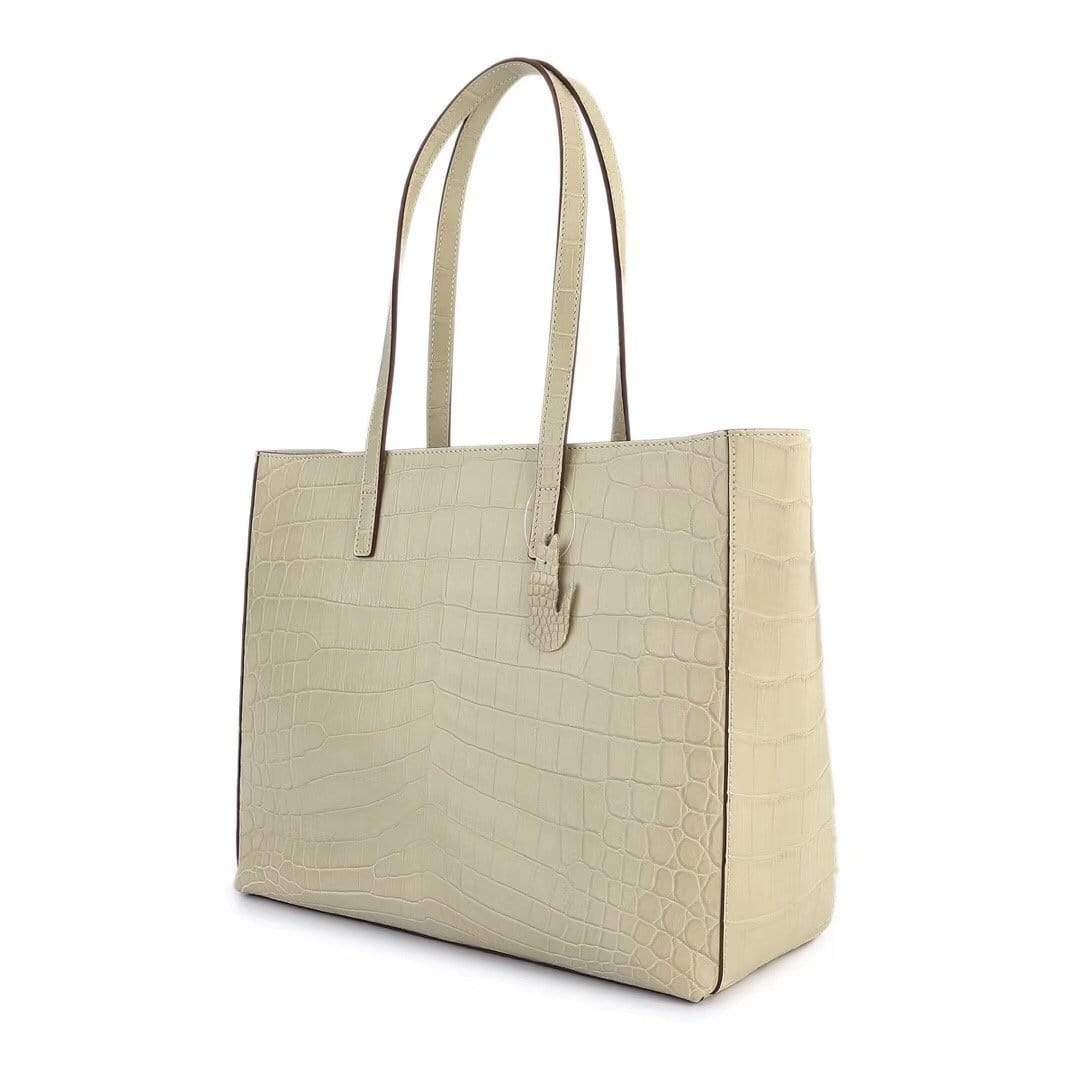 Cream women's genuine leather tote bag by Rossie Viren, featuring a spacious shopper design with shoulder strap and slouchy style.