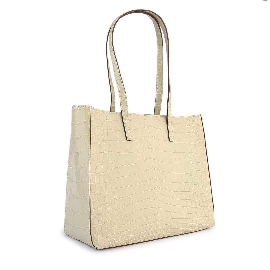 Cream women's genuine leather tote bag by Rossie Viren, featuring a spacious shopper design with shoulder strap and slouchy style.