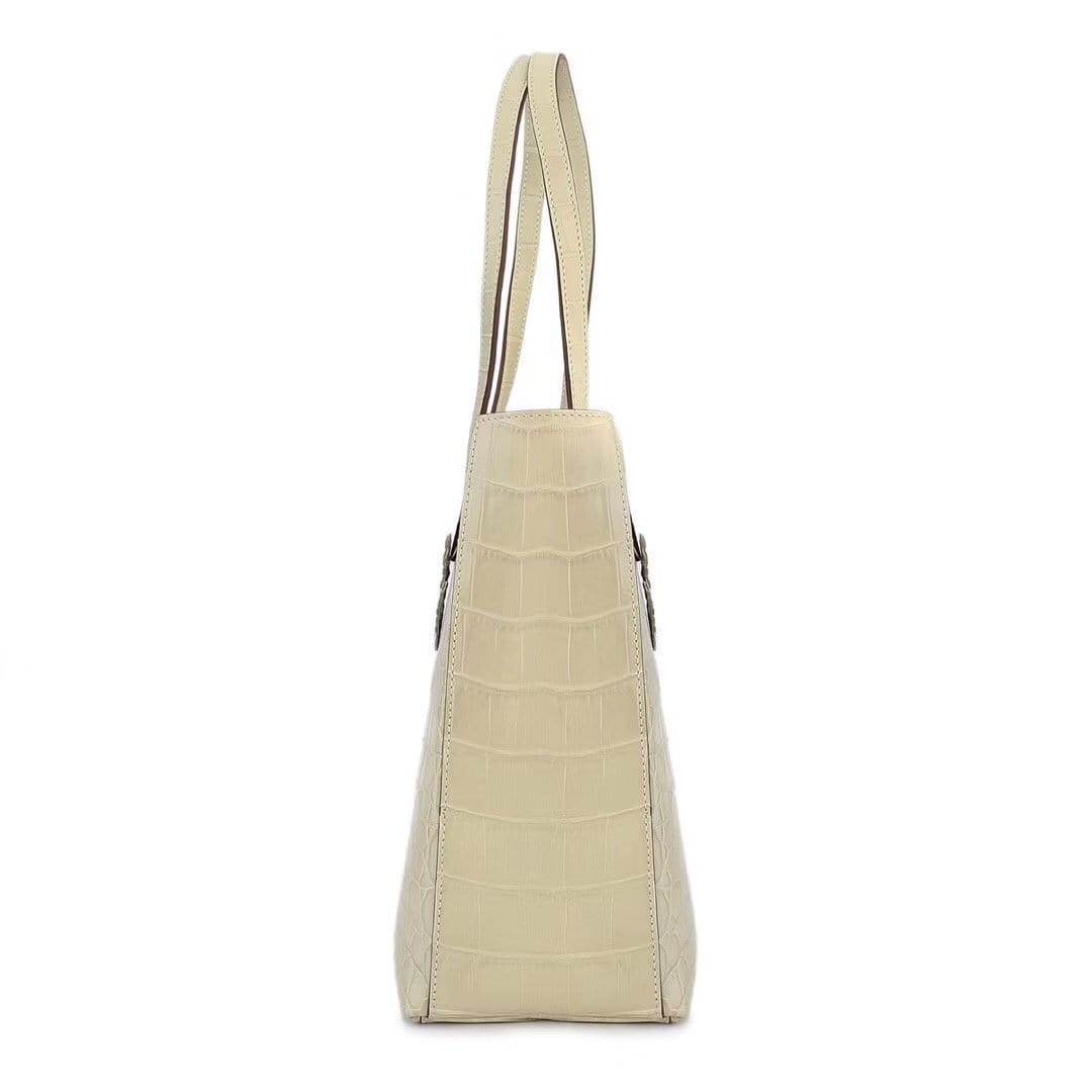 Cream women's genuine leather tote bag by Rossie Viren, featuring a spacious shopper design with shoulder strap for versatile carrying.
