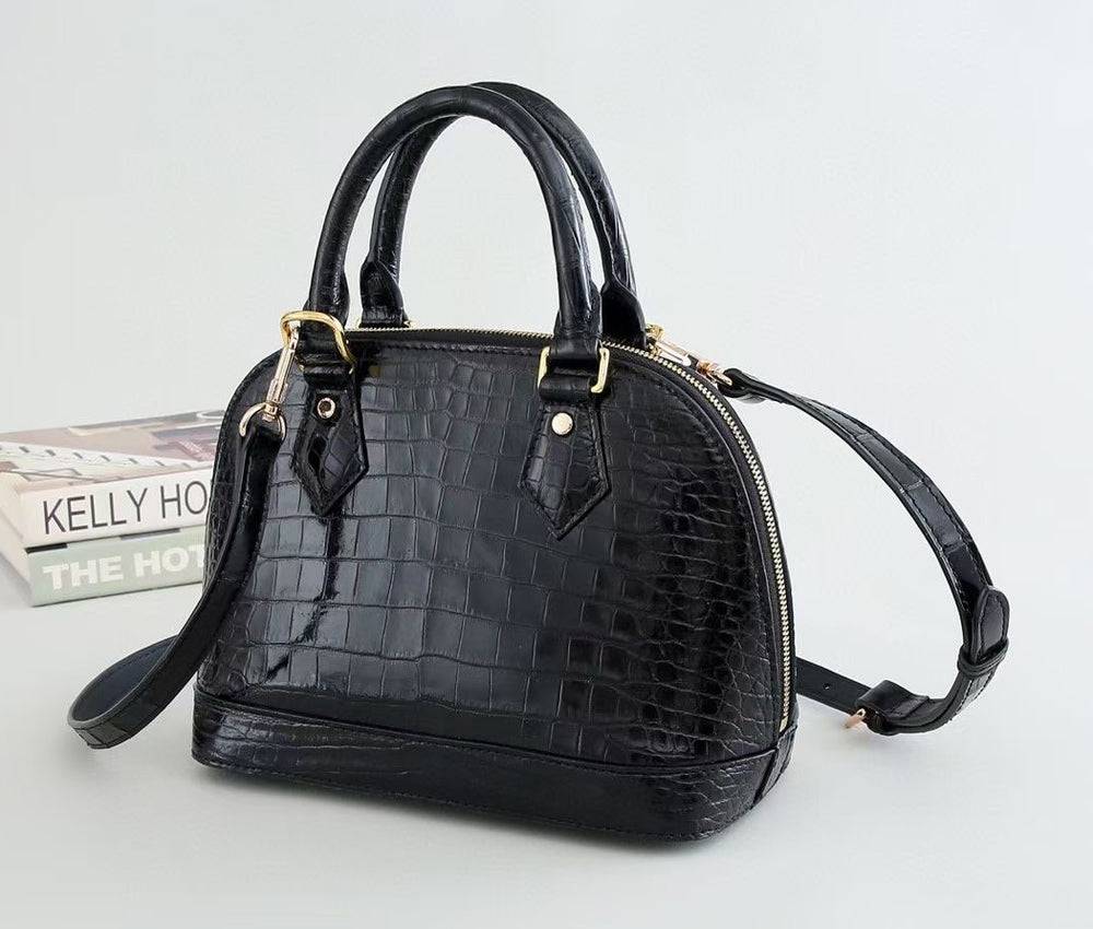 Womens Genuine Crocodile Leather Medium Shell Promennade Trapezoid Cross Body Bag Black