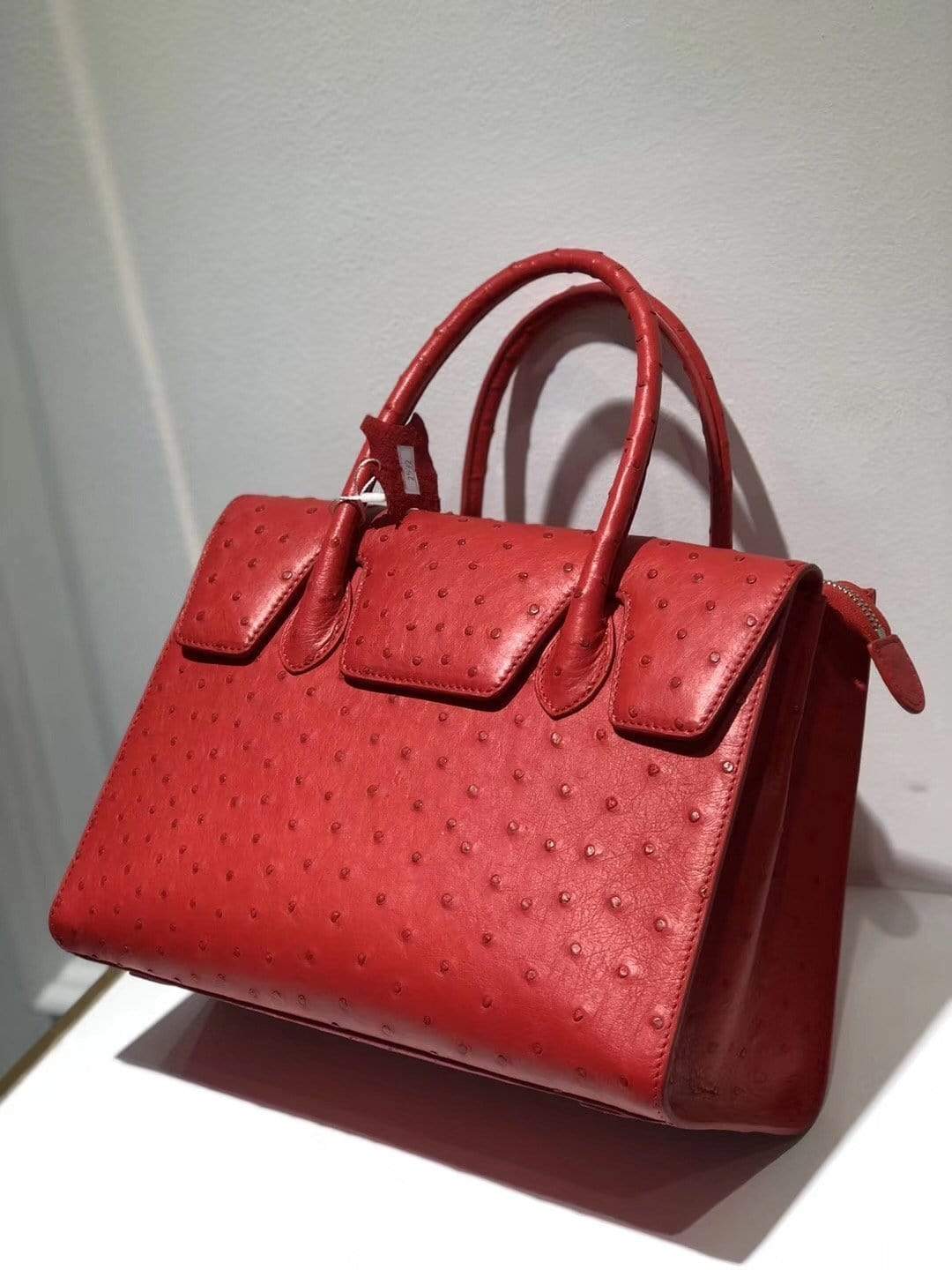 Women's genuine ostrich leather flap-over zipper satchel tote bag by Rossie Viren with stylish design and spacious interior.
