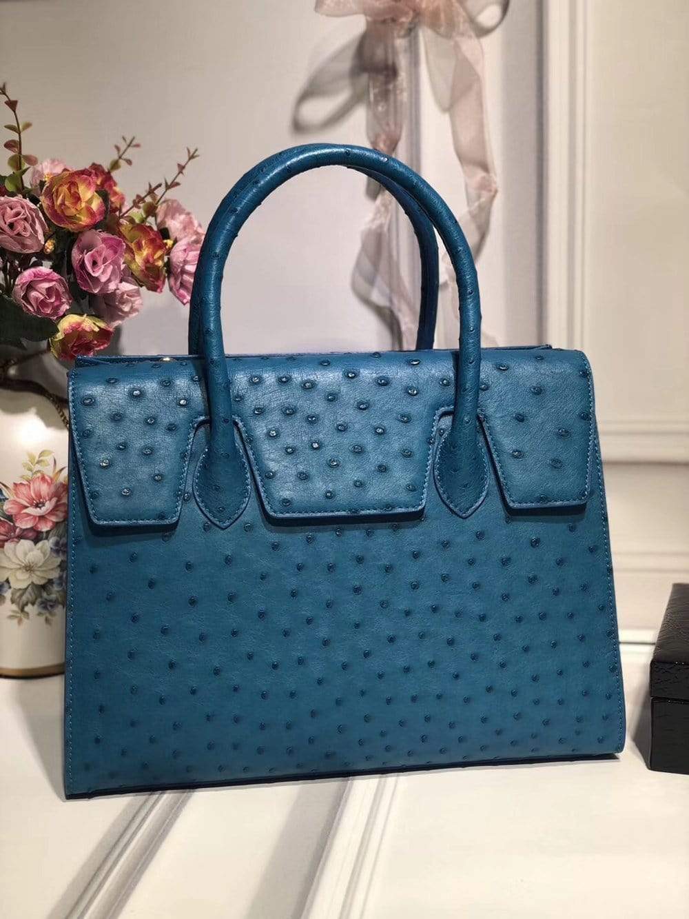 Women's genuine ostrich leather tote bag with flap over zipper, stylish satchel handbag by Rossie Viren.