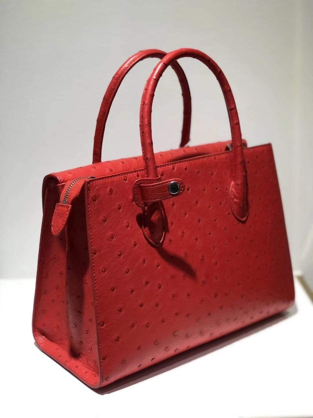 Women's genuine ostrich leather tote bag with flap over zipper closure, stylish Rossie Viren handbag for versatile use