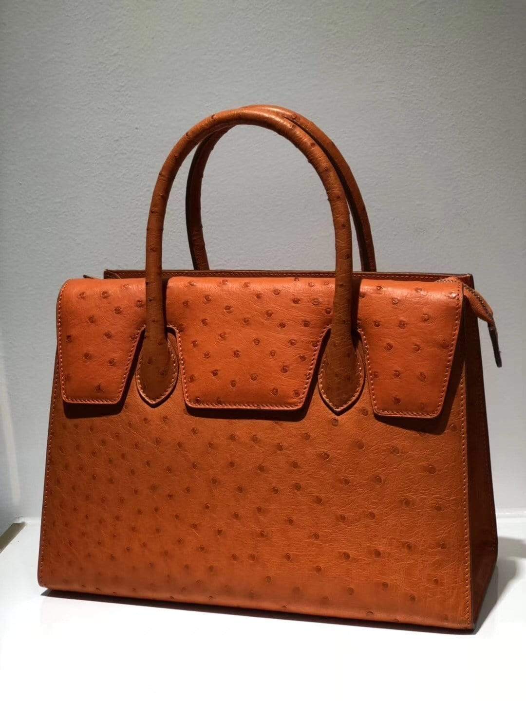 Women's genuine ostrich leather flap-over zipper satchel tote bag by Rossie Viren, featuring textured leather and stylish design.