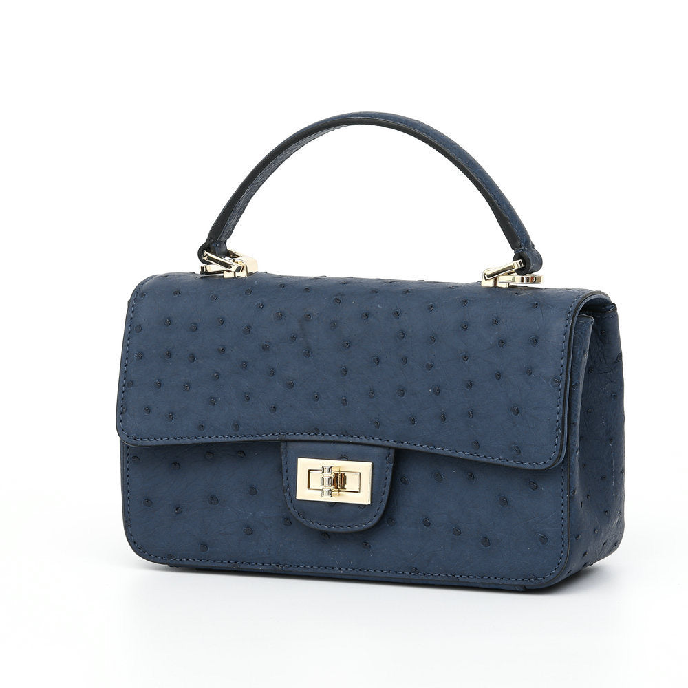 Women’s ostrich leather mini flap chain handbag by Rossie Viren with top handle and crossbody strap, stylish and compact.