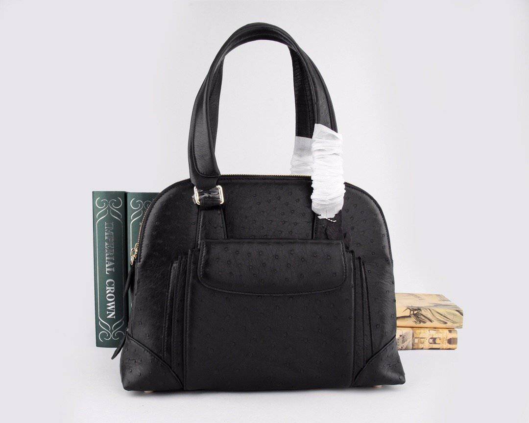 Women’s ostrich leather handbag with top handle and shoulder strap by Rossie Viren, featuring a sleek, textured design.
