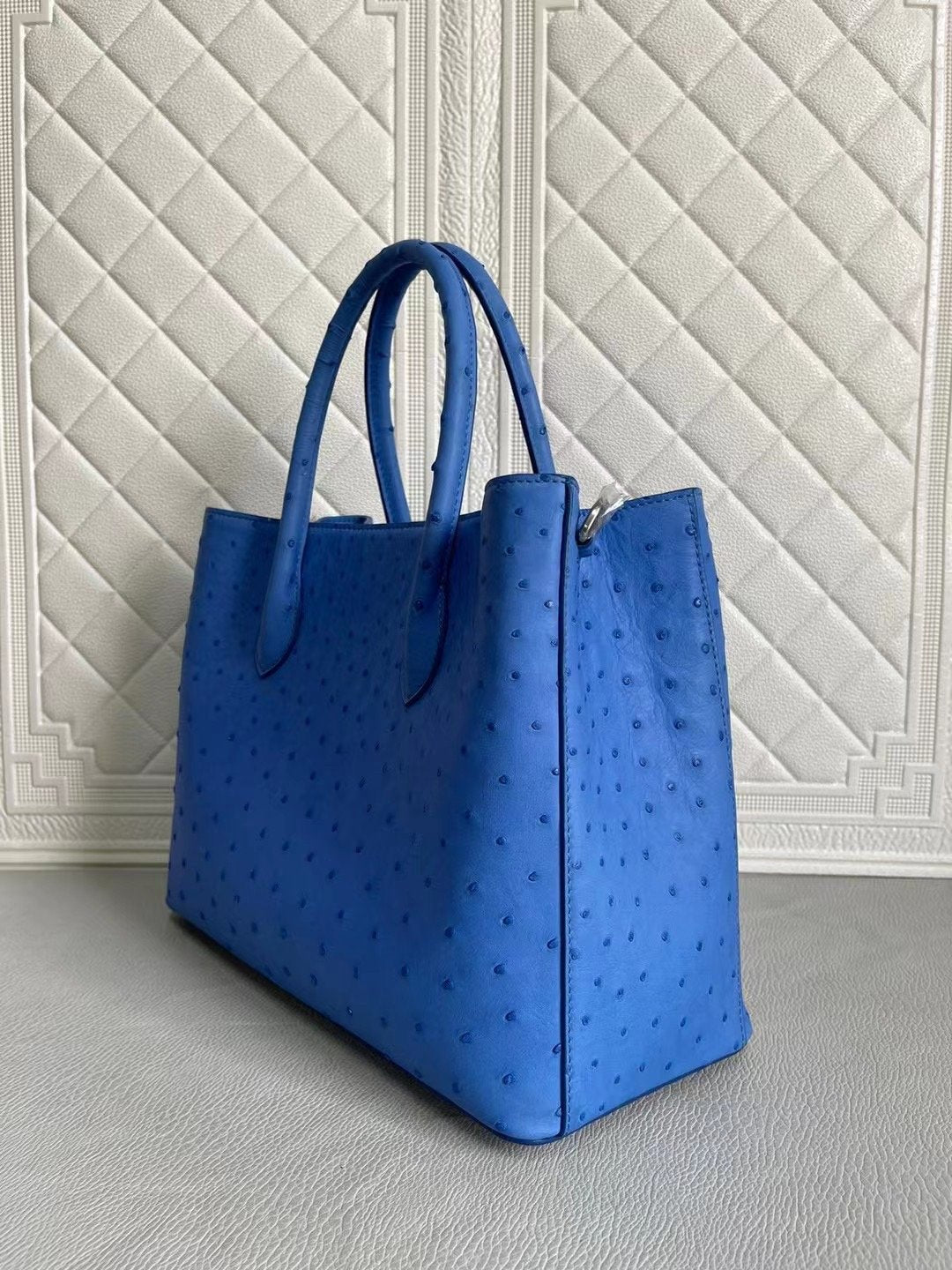 Blue and cream women's ostrich leather handbag with top handle and crossbody strap, 33cm Rossie Viren shoulder bag.